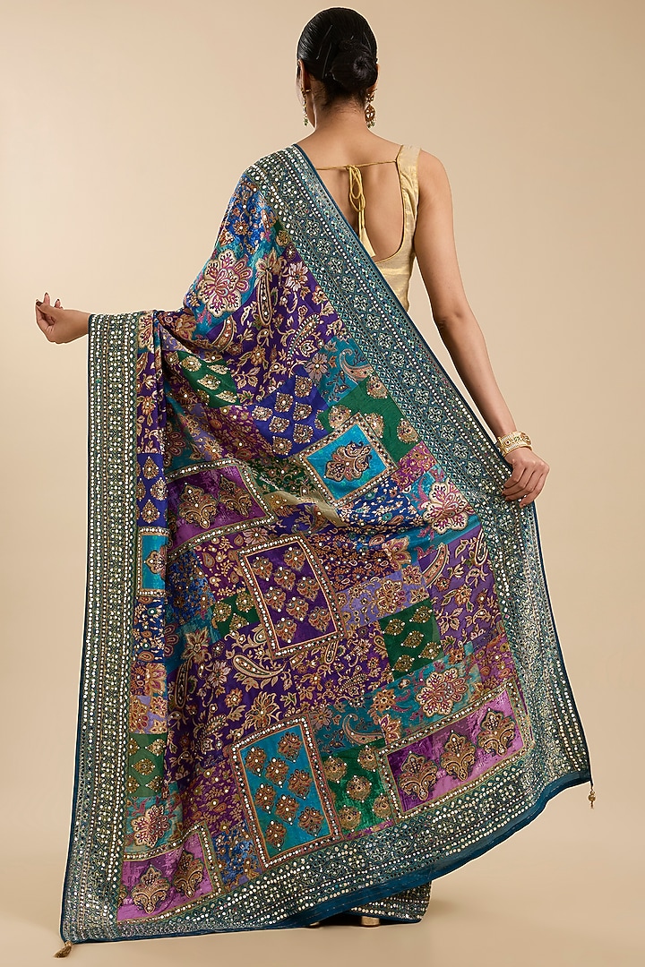 Multi-Coloured Crepe Zari & Mirror Embroidered Party Wear Saree Set by NARMADESHWARI at Pernia's Pop Up Shop