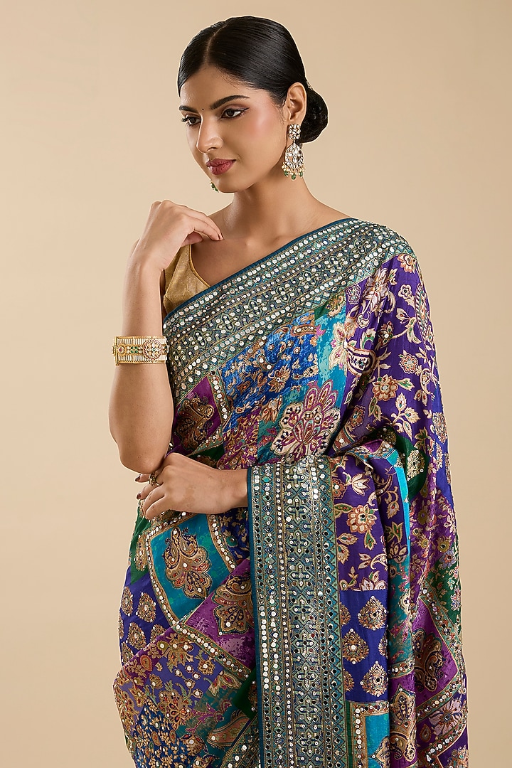 Multi-Coloured Crepe Zari & Mirror Embroidered Party Wear Saree Set by NARMADESHWARI at Pernia's Pop Up Shop