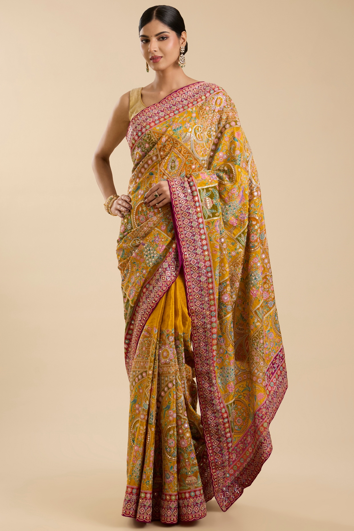 NARMADESHWARI Yellow Crepe Sequin Embellished Saree Set