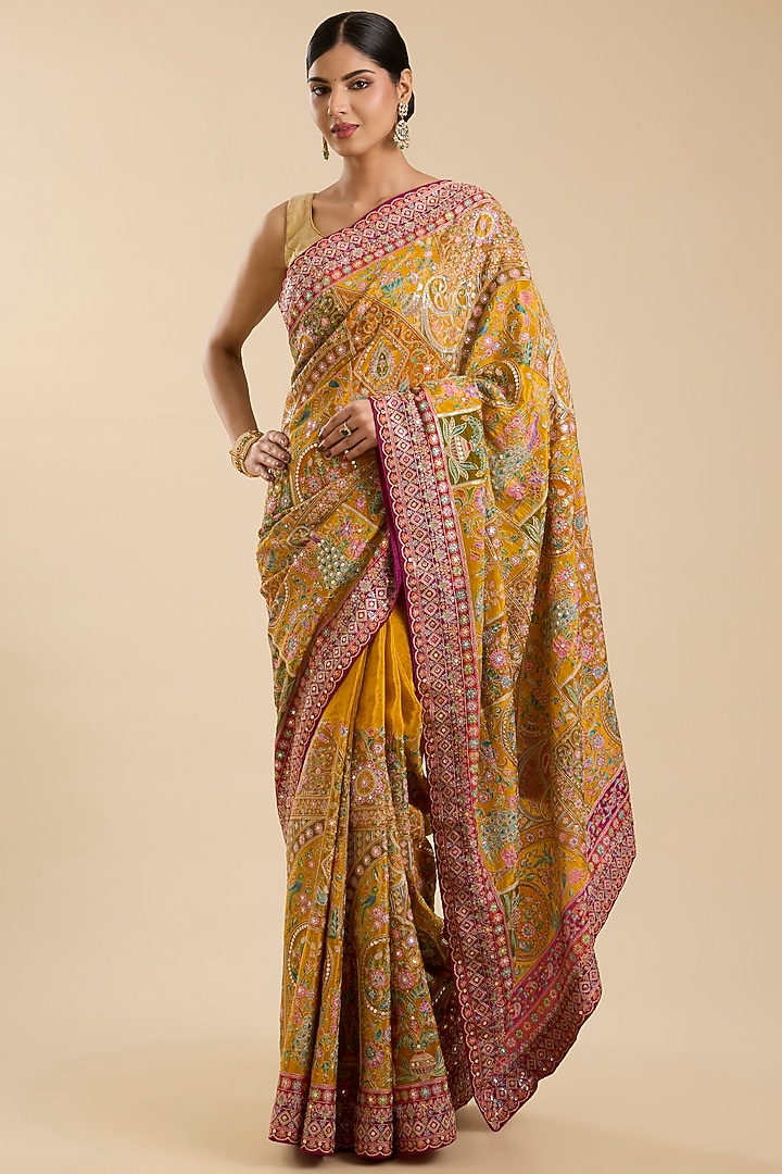 Yellow Crepe Sequin Embellished Party Wear Saree Set by NARMADESHWARI at Pernia's Pop Up Shop