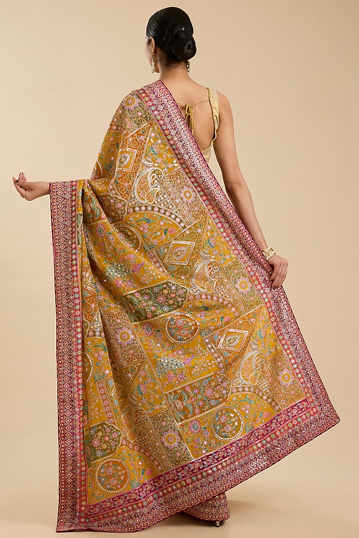 Yellow Crepe Sequin Embellished Party Wear Saree Set by NARMADESHWARI at Pernia's Pop Up Shop