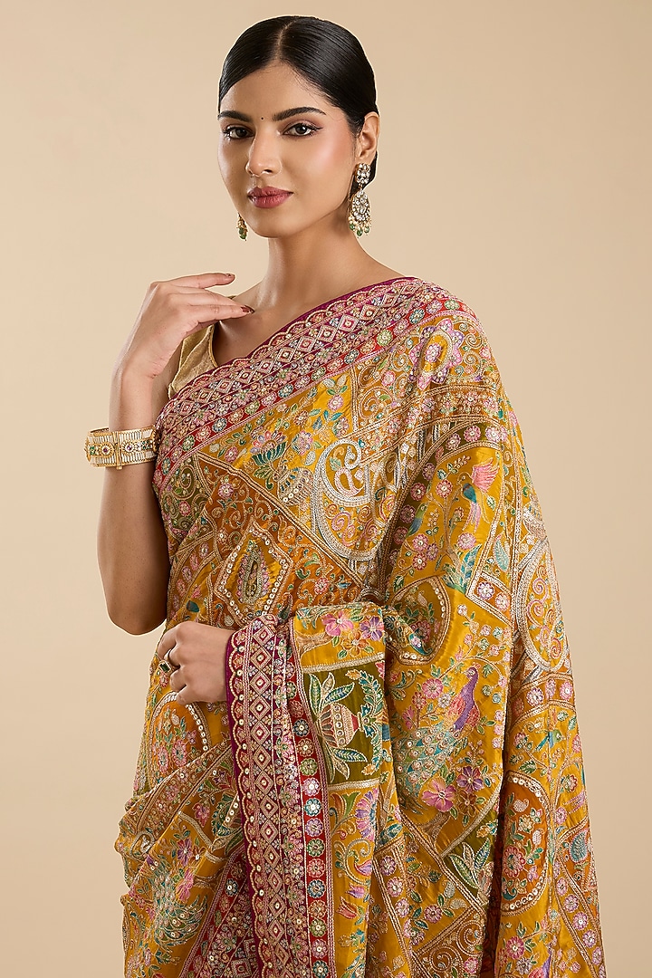 Yellow Crepe Sequin Embellished Party Wear Saree Set by NARMADESHWARI at Pernia's Pop Up Shop