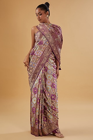 Multi-Colored Satin Silk Floral Motif Printed Woven Saree Set by NARMADESHWARI