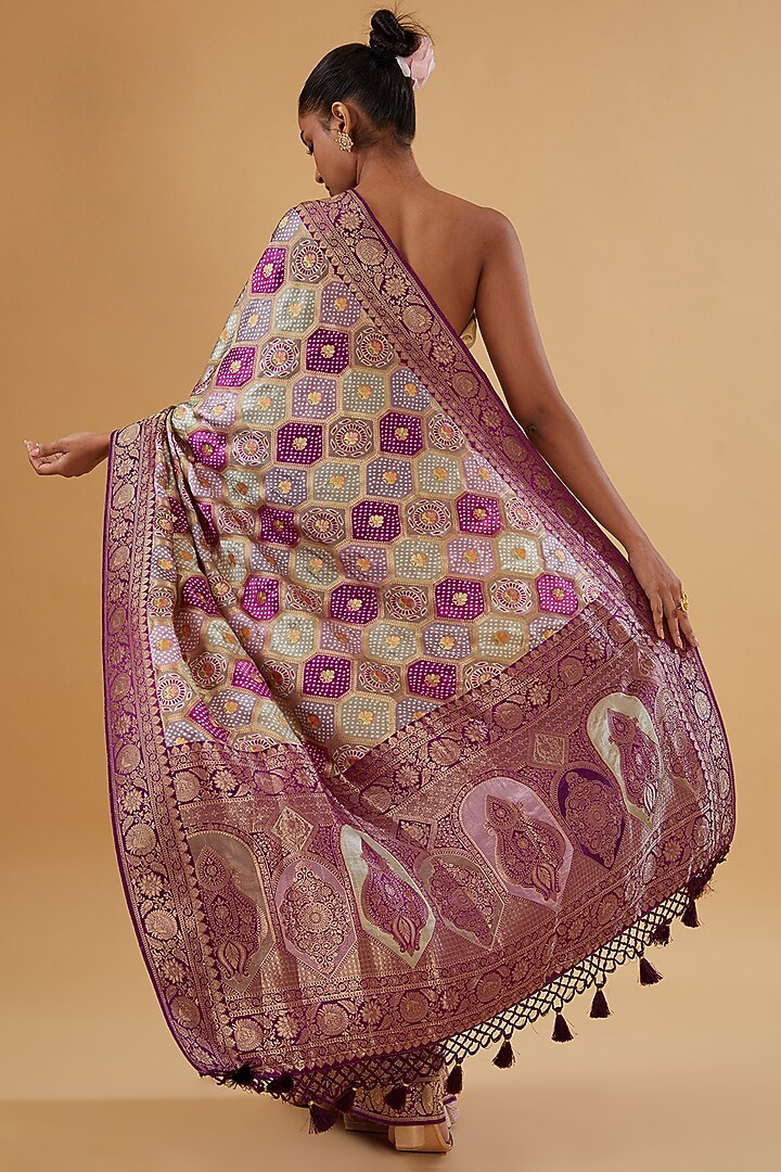 Multi-Colored Satin Silk Floral Motif Printed Woven Festive Saree Set by NARMADESHWARI at Pernia's Pop Up Shop