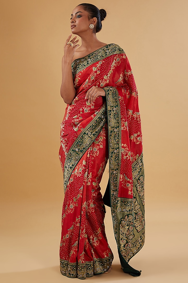 Red & Green Silk Floral Printed & Dabka Embroidered Woven Saree Set by NARMADESHWARI at Pernia's Pop Up Shop