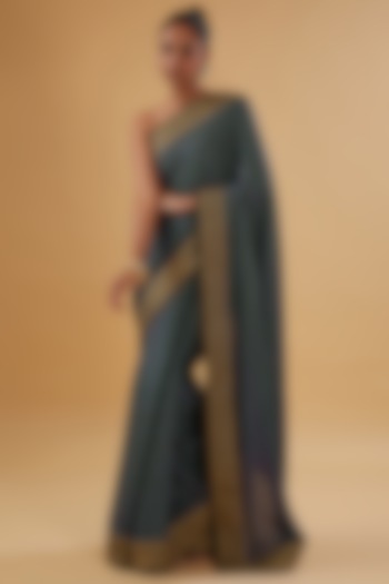 Iron Grey Crepe Floral Printed & Swarovski Embroidered Woven Festive Saree Set by NARMADESHWARI at Pernia's Pop Up Shop