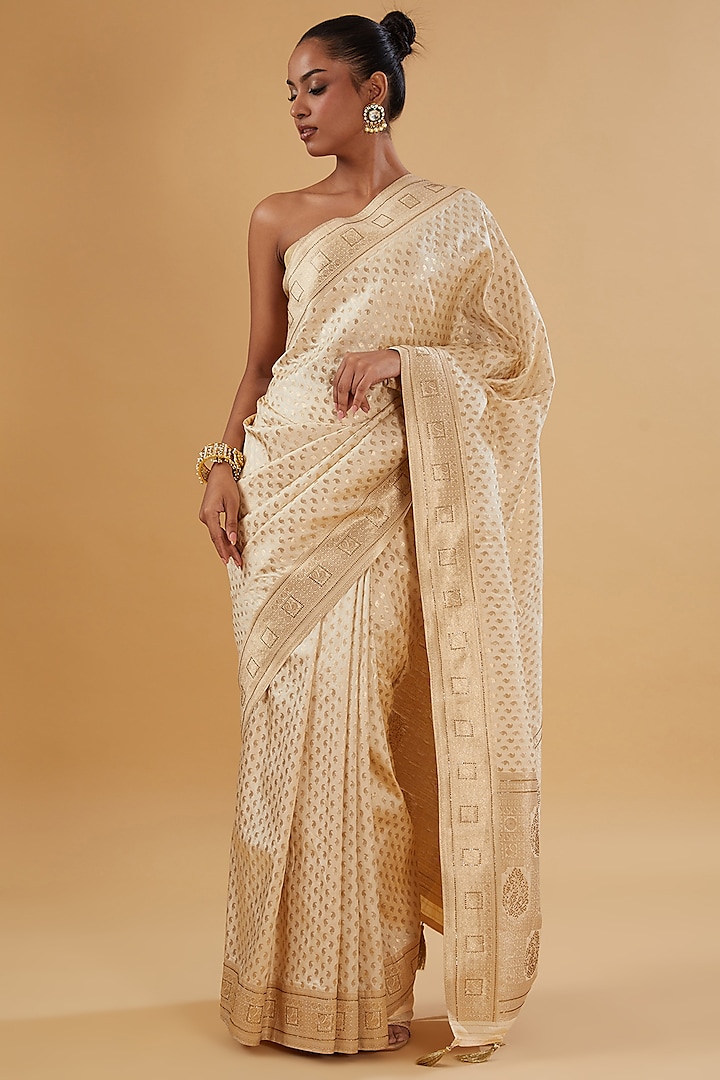 Beige Silk Floral Printed & Swarovski Embroidered Woven Saree Set by NARMADESHWARI