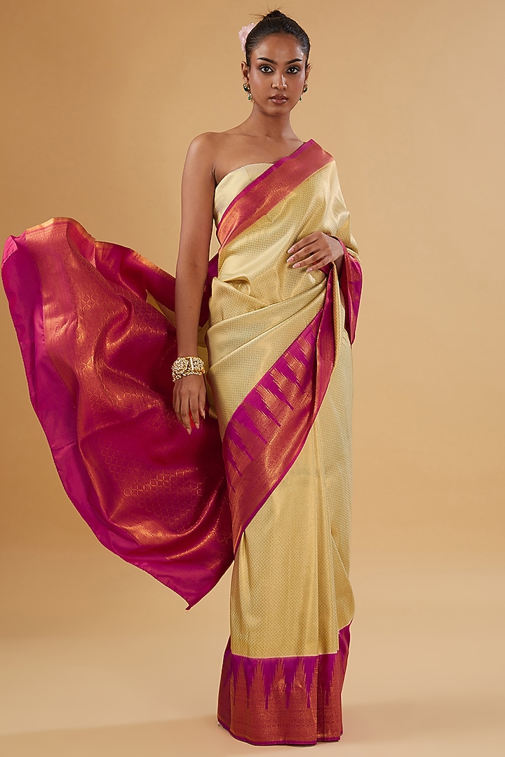 Beige & Red Silk Floral Printed Woven Festive Saree Set by NARMADESHWARI at Pernia's Pop Up Shop