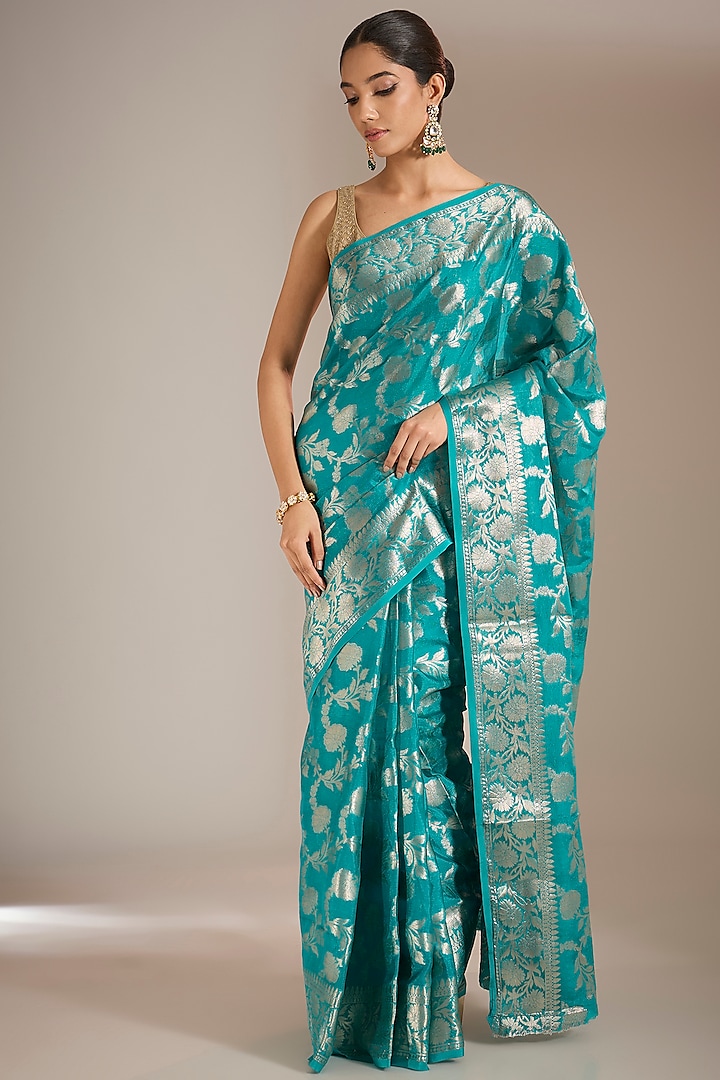 Blue Handloom Silk Jaal Work Saree Set by Narmadeshwari at Pernia's Pop Up Shop