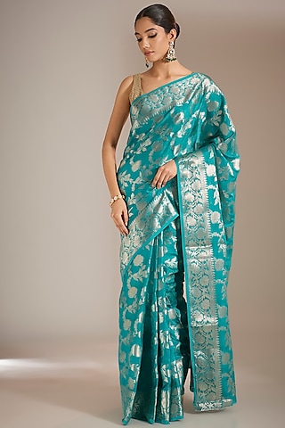 Blue Handloom Silk Jaal Work Saree Set by Narmadeshwari