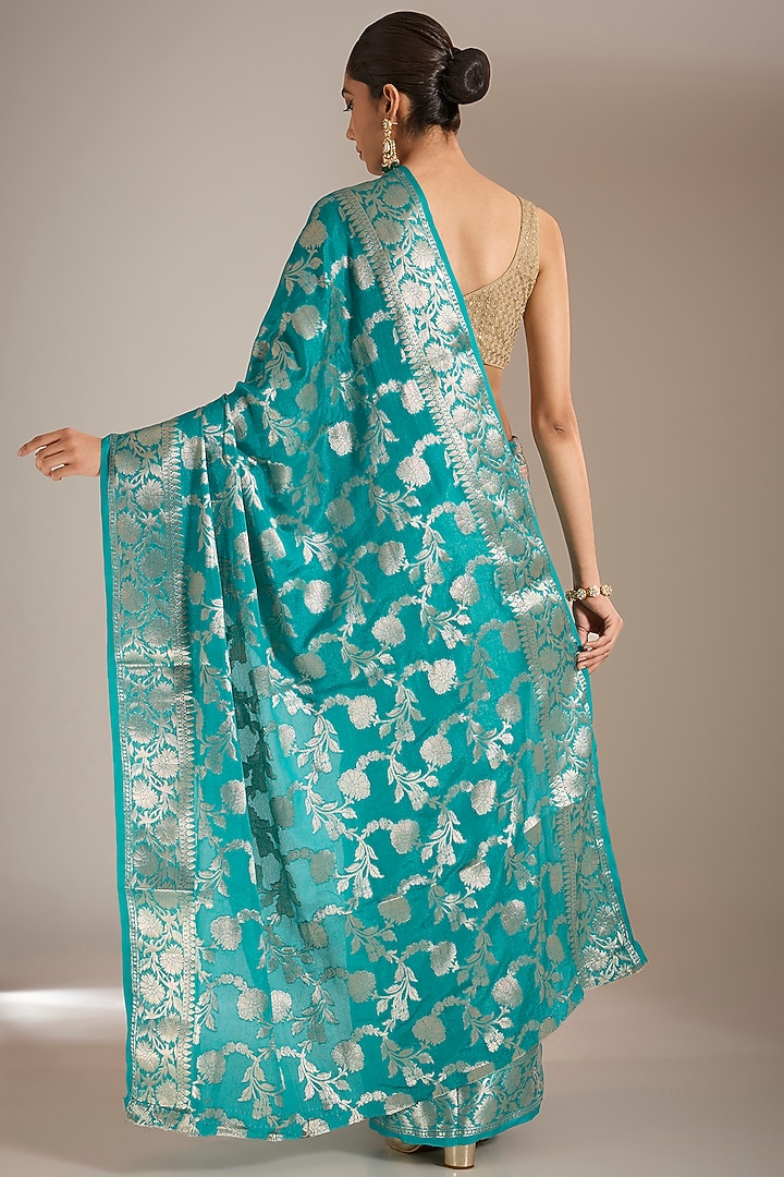 Blue Handloom Silk Jaal Work Festive Saree Set by Narmadeshwari at Pernia's Pop Up Shop