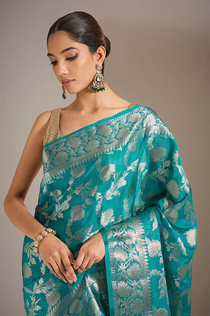 Blue Handloom Silk Jaal Work Festive Saree Set by Narmadeshwari at Pernia's Pop Up Shop