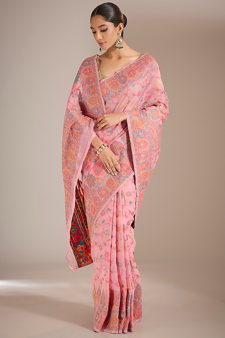 Light Pink Cotton Silk Saree Set by Narmadeshwari at Pernia's Pop Up Shop