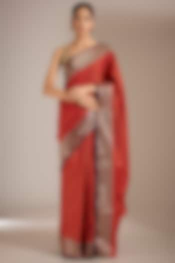 Rust Silk Zari Work Saree Set by Narmadeshwari at Pernia's Pop Up Shop