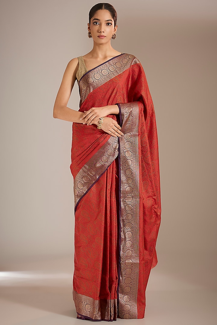 Rust Silk Zari Work Saree Set by Narmadeshwari at Pernia's Pop Up Shop