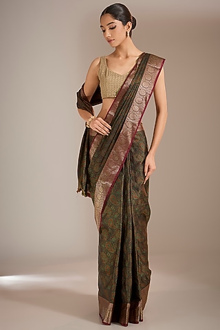 Black Silk Saree Set by Narmadeshwari