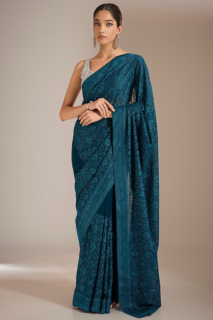 Blue Georgette Resham Thread Work Saree Set by Narmadeshwari at Pernia's Pop Up Shop