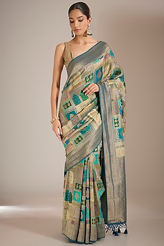 Peacock Green Banarasi Silk Thread Work Saree Set by Narmadeshwari