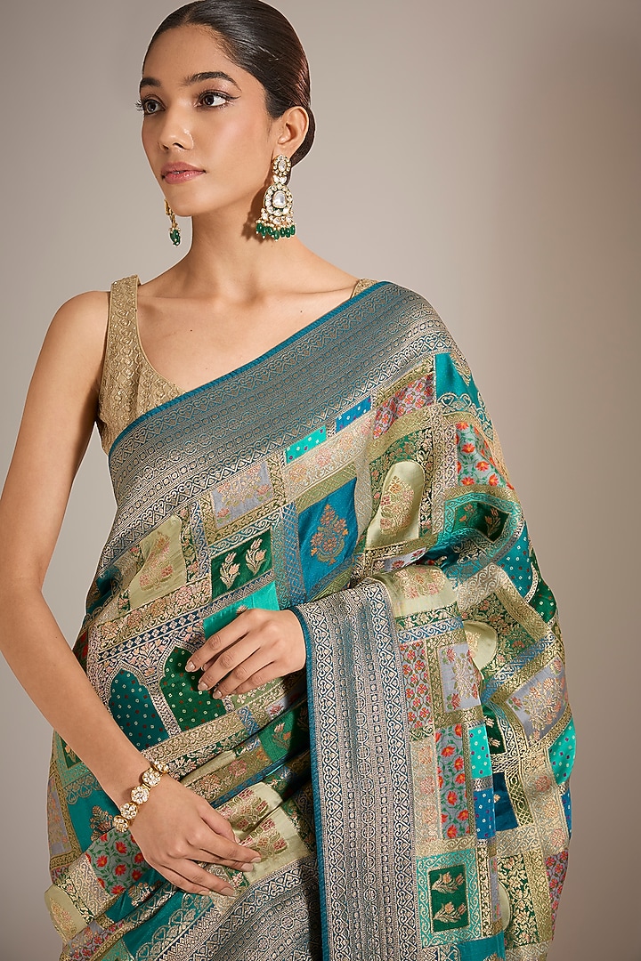 Peacock Green Banarasi Silk Thread Work Party Wear Saree Set by Narmadeshwari at Pernia's Pop Up Shop