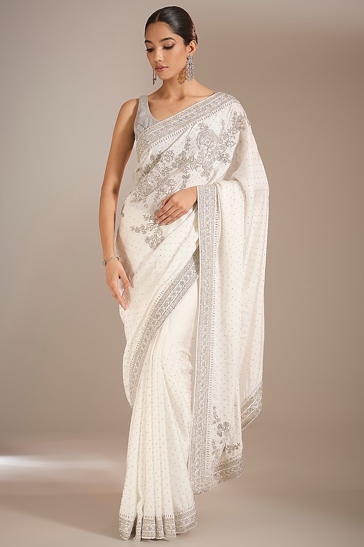 White Satin Crepe Zarkan Work Saree Set by Narmadeshwari at Pernia's Pop Up Shop