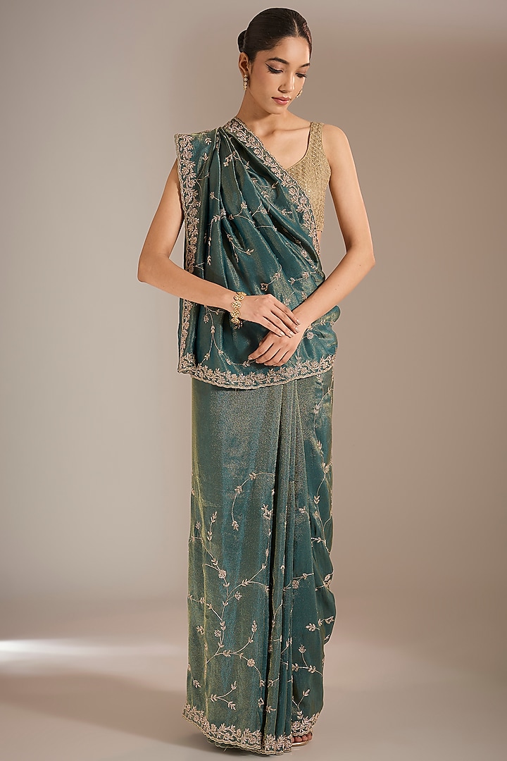 Green Shimmer Crepe Dabka Work Saree Set by Narmadeshwari at Pernia's Pop Up Shop