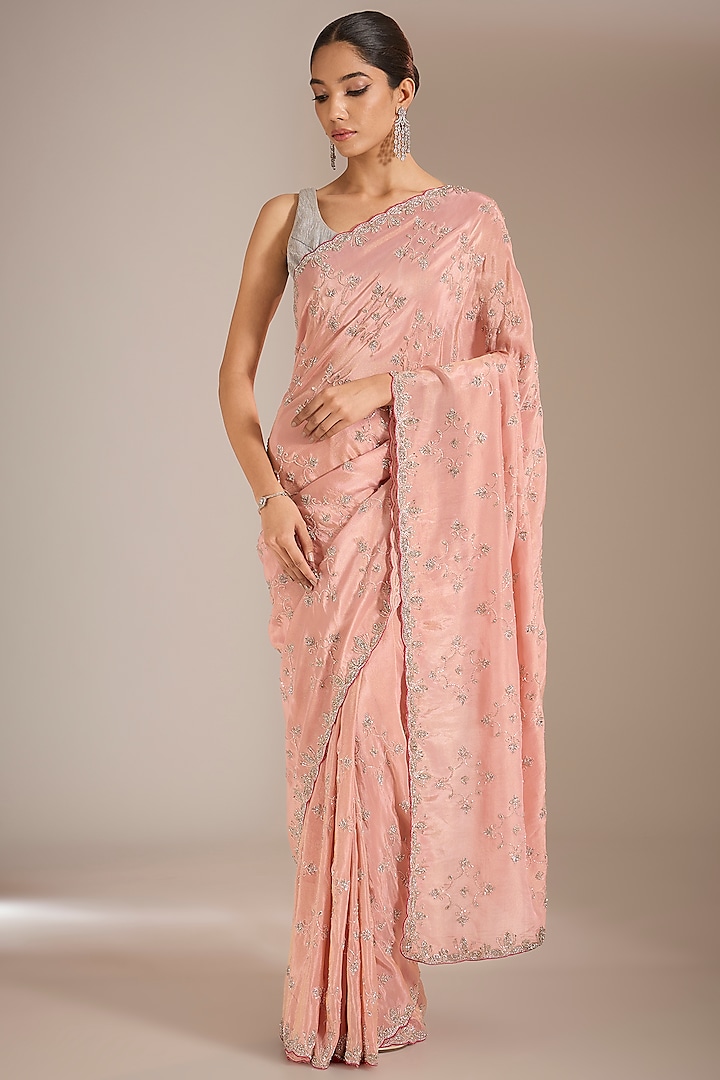 Blush Pink Shimmer Crepe Cutdana & Zarkan Work Saree Set by Narmadeshwari at Pernia's Pop Up Shop