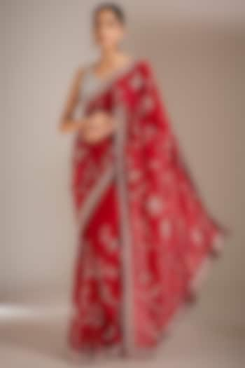 Red Tissue Crepe Dabka Work Saree Set by Narmadeshwari at Pernia's Pop Up Shop