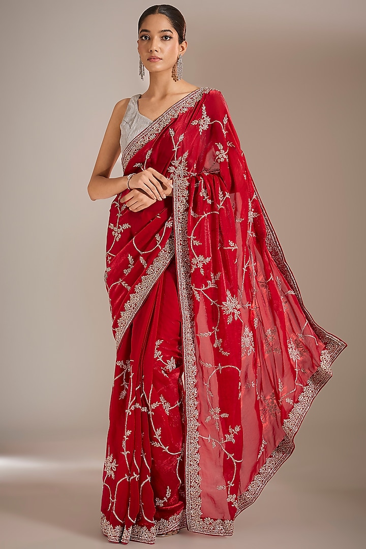 Red Tissue Crepe Dabka Work Saree Set by Narmadeshwari at Pernia's Pop Up Shop