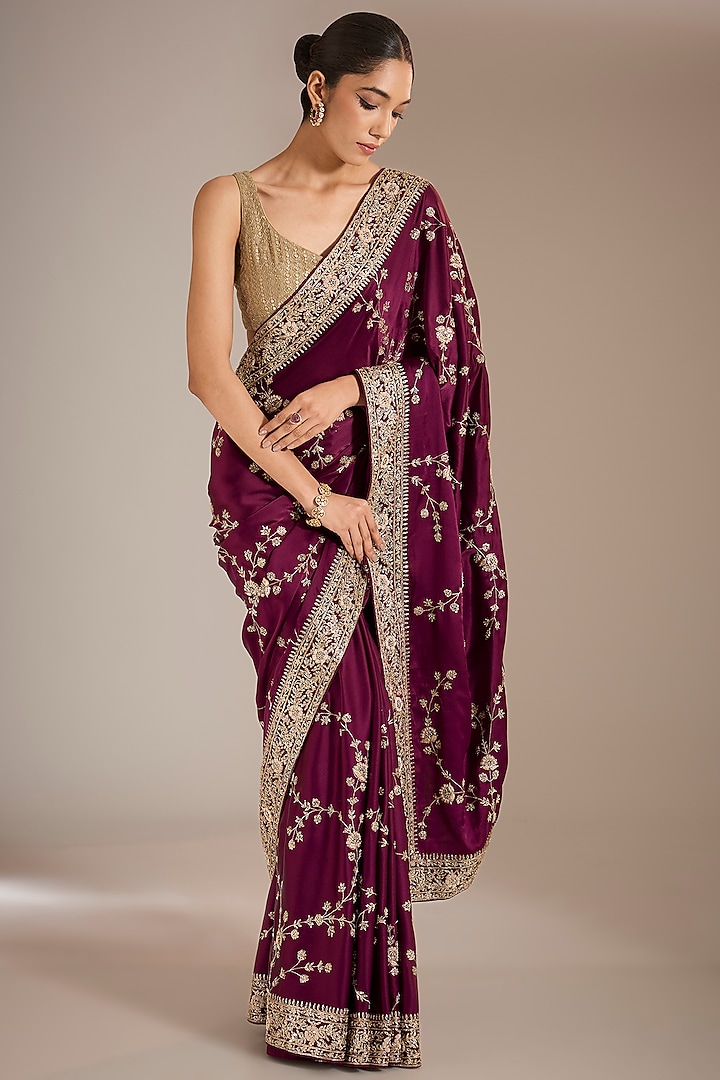 Wine Crepe Satin Dabka Handwork Saree Set by Narmadeshwari at Pernia's Pop Up Shop