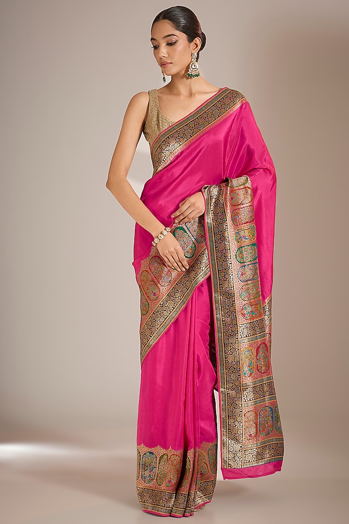 Rani Pink Banarasi Silk Thread Work Saree Set by Narmadeshwari at Pernia's Pop Up Shop