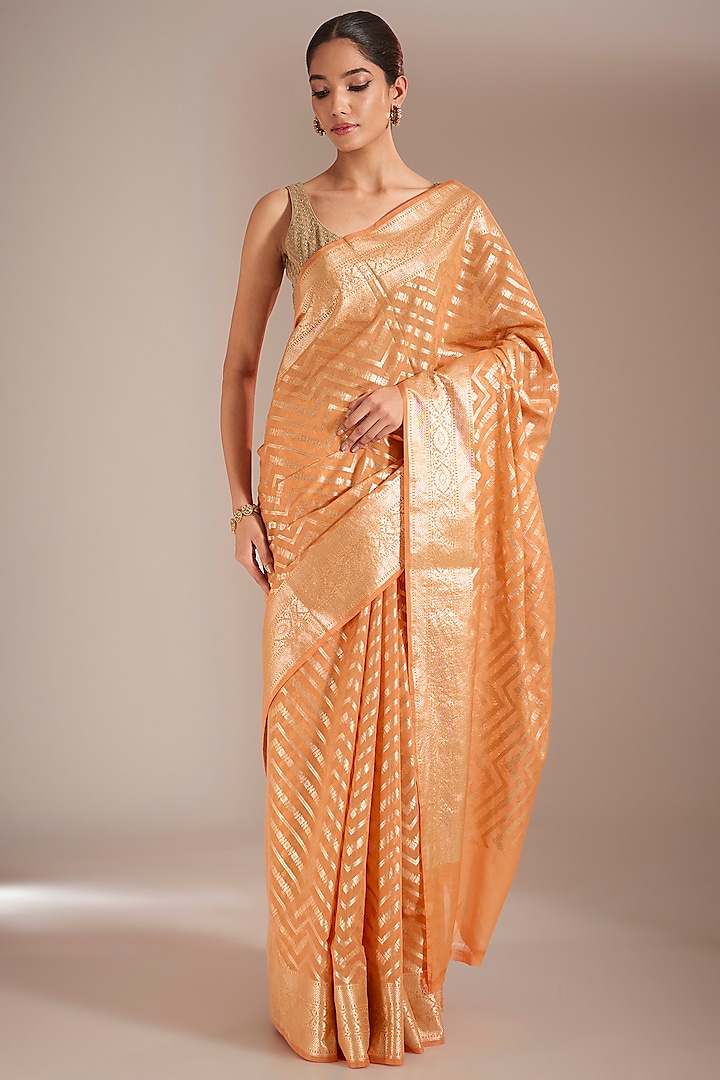 Orange Cotton Silk Zari Work Saree Set by Narmadeshwari at Pernia's Pop Up Shop