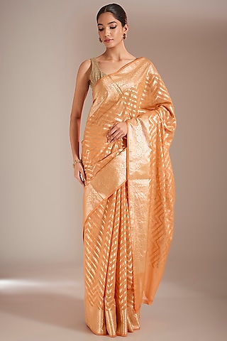Orange Cotton Silk Zari Work Saree Set by Narmadeshwari