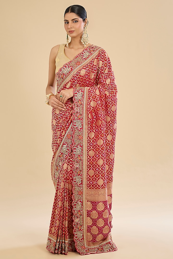 Red Khadi Georgette Elephant Motif Embroidered Party Wear Saree Set by Narmadeshwari at Pernia's Pop Up Shop