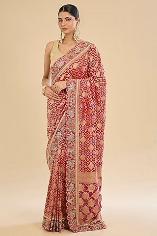 Red Khadi Georgette Elephant Motif Embroidered Saree Set by Narmadeshwari