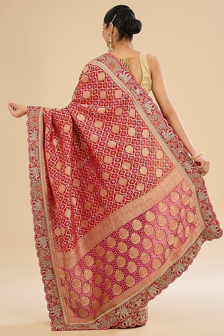 Red Khadi Georgette Elephant Motif Embroidered Party Wear Saree Set by Narmadeshwari at Pernia's Pop Up Shop