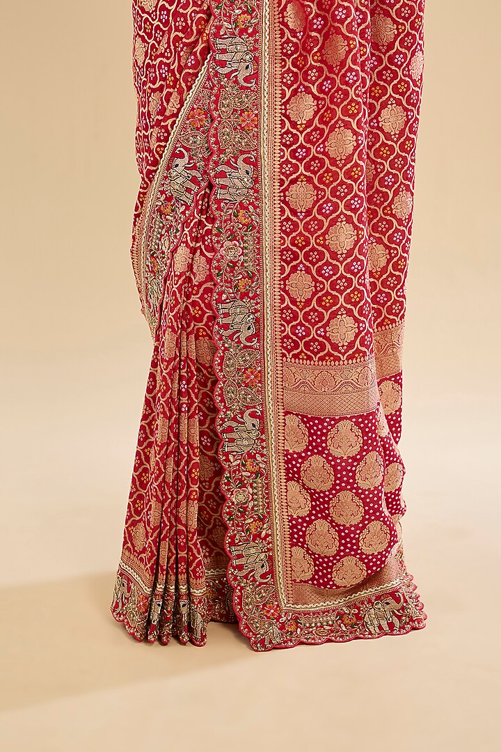 Red Khadi Georgette Elephant Motif Embroidered Party Wear Saree Set by Narmadeshwari at Pernia's Pop Up Shop