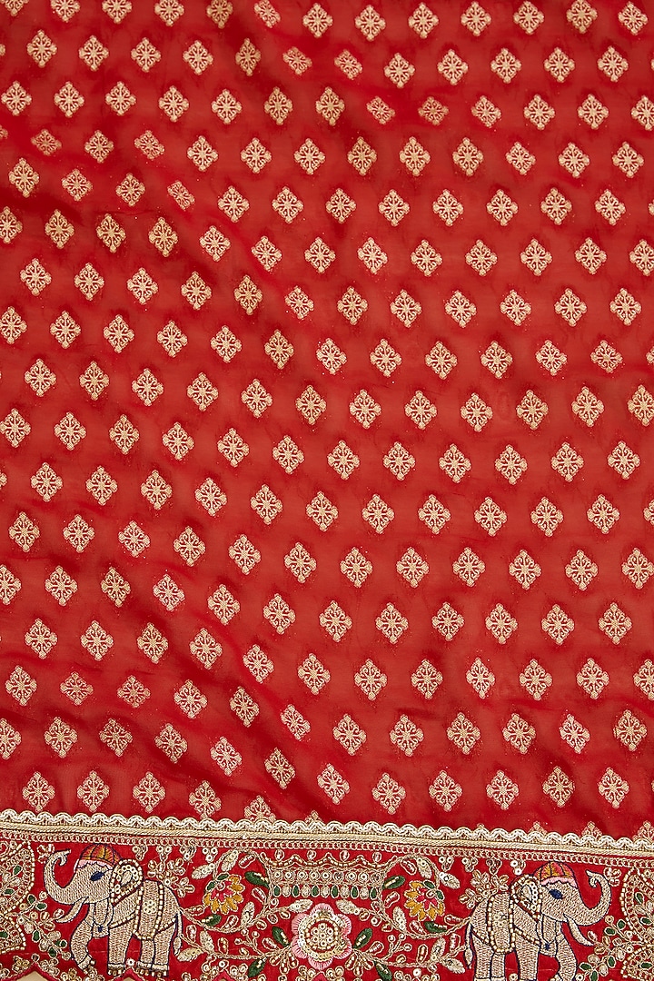 Red Khadi Georgette Elephant Motif Embroidered Party Wear Saree Set by Narmadeshwari at Pernia's Pop Up Shop