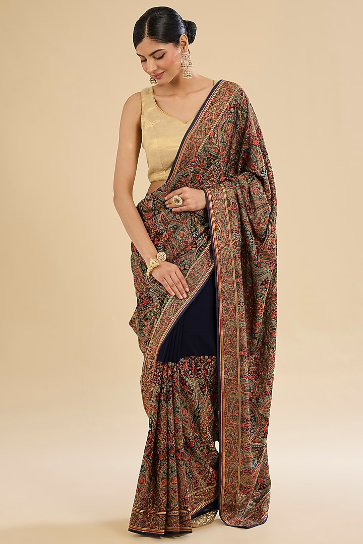 Dark Blue Georgette Kashmiri Embroidered Festive Saree Set by Narmadeshwari at Pernia's Pop Up Shop