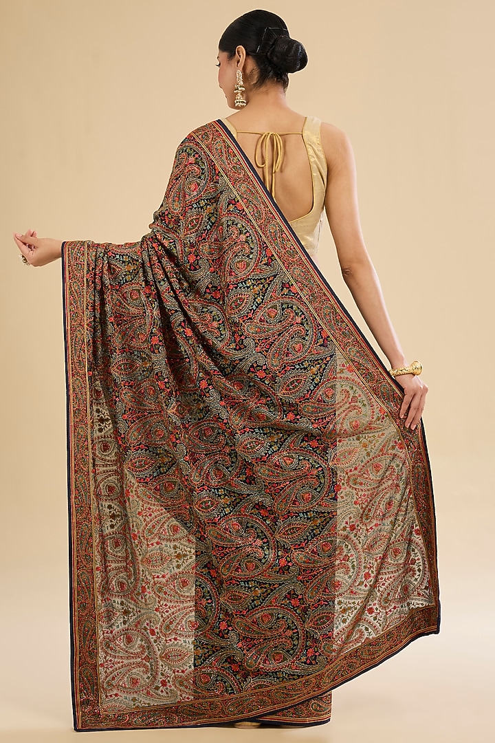 Dark Blue Georgette Kashmiri Embroidered Festive Saree Set by Narmadeshwari at Pernia's Pop Up Shop