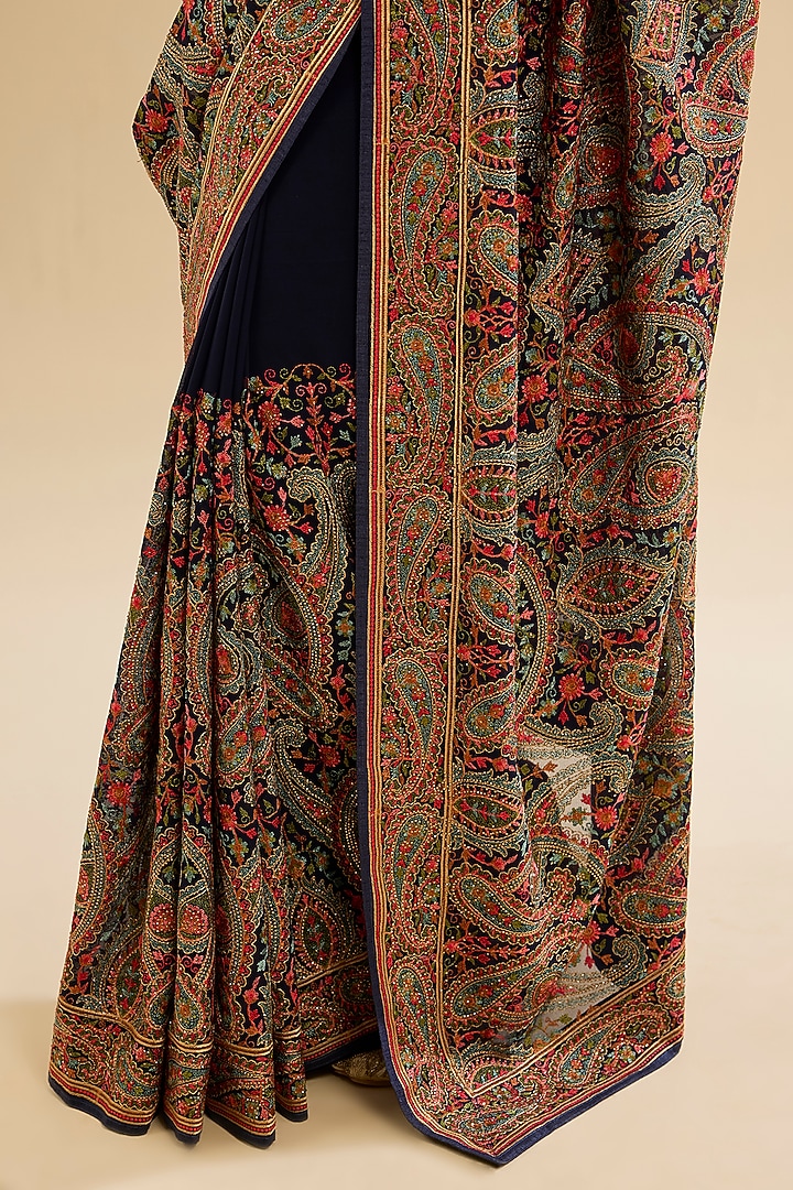 Dark Blue Georgette Kashmiri Embroidered Festive Saree Set by Narmadeshwari at Pernia's Pop Up Shop