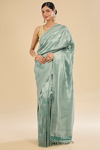 Sky Blue Tissue Silk Zari Embroidered Saree Set by Narmadeshwari