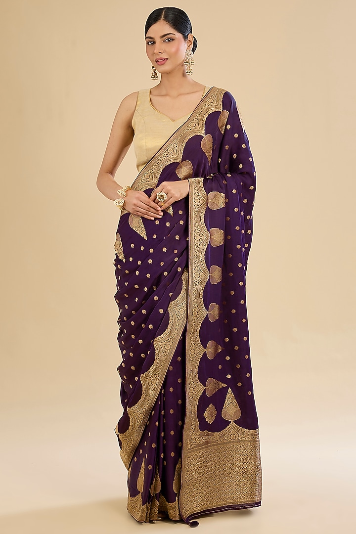 Purple Crepe Silk Boota Embroidered Handloom Festive Saree Set by Narmadeshwari at Pernia's Pop Up Shop
