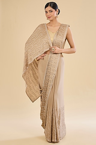 Grey Satin Zaal Embroidered Saree Set by Narmadeshwari