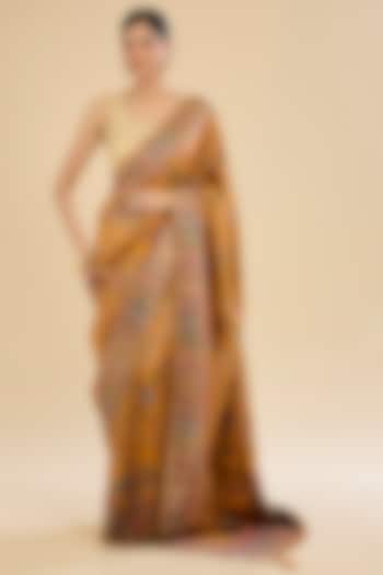 Mustard Blended Silk Floral Motif Embroidered Festive Saree Set by Narmadeshwari at Pernia's Pop Up Shop