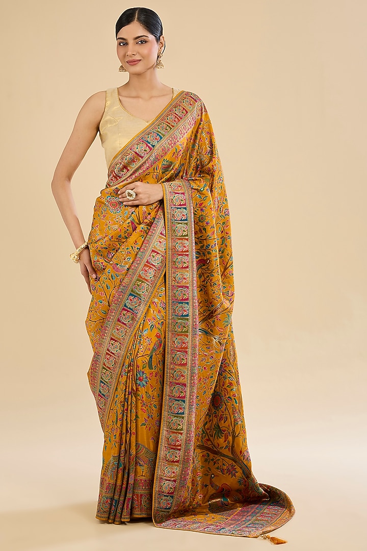 Mustard Blended Silk Floral Motif Embroidered Festive Saree Set by Narmadeshwari at Pernia's Pop Up Shop