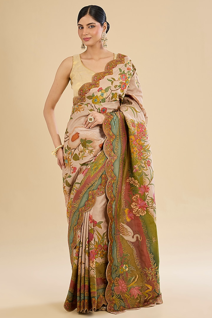 Golden Blended Silk Floral Motif Embroidered Party Wear Saree Set by Narmadeshwari at Pernia's Pop Up Shop