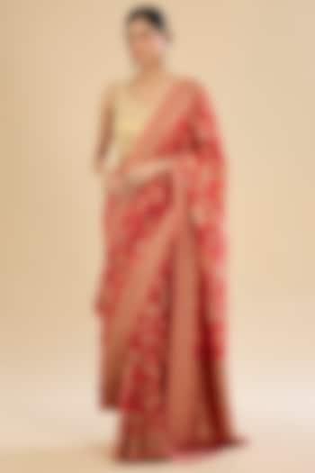 Red Khadi Georgette Floral Embroidered Party Wear Saree Set by Narmadeshwari at Pernia's Pop Up Shop