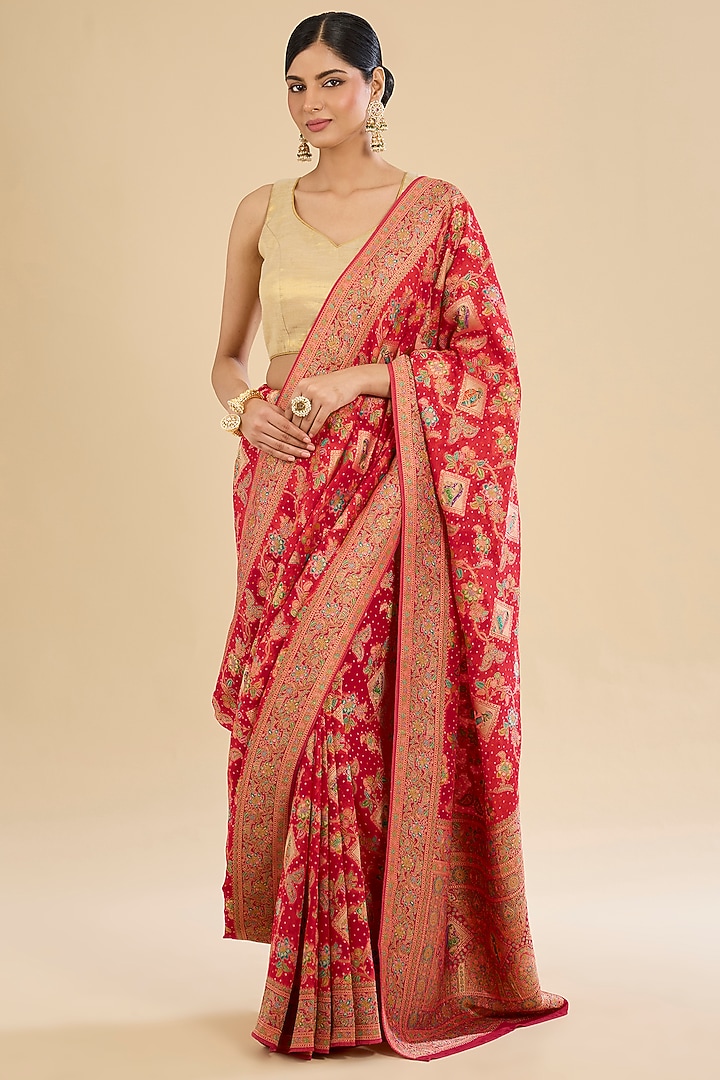 Red Khadi Georgette Floral Embroidered Party Wear Saree Set by Narmadeshwari at Pernia's Pop Up Shop