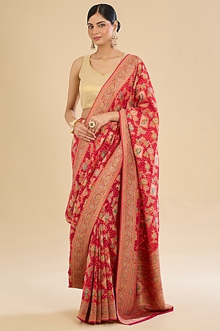 Red Khadi Georgette Floral Embroidered Saree Set by Narmadeshwari