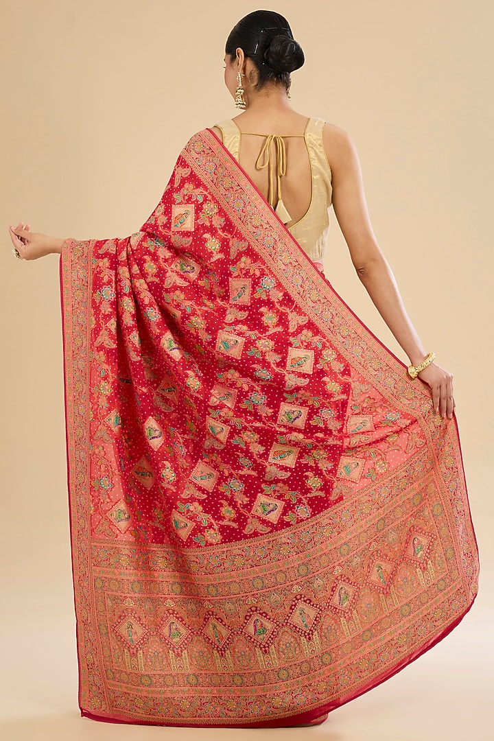 Red Khadi Georgette Floral Embroidered Party Wear Saree Set by Narmadeshwari at Pernia's Pop Up Shop